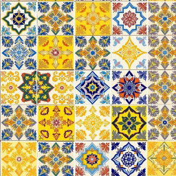 An artistic display of Portuguese styled tiles featuring intricate patterns, primarily in vibrant shades of yellow, blue, and soft pink