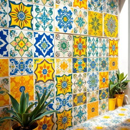 An artistic display of Portuguese styled tiles featuring intricate patterns, primarily in vibrant shades of yellow, blue, and soft pink