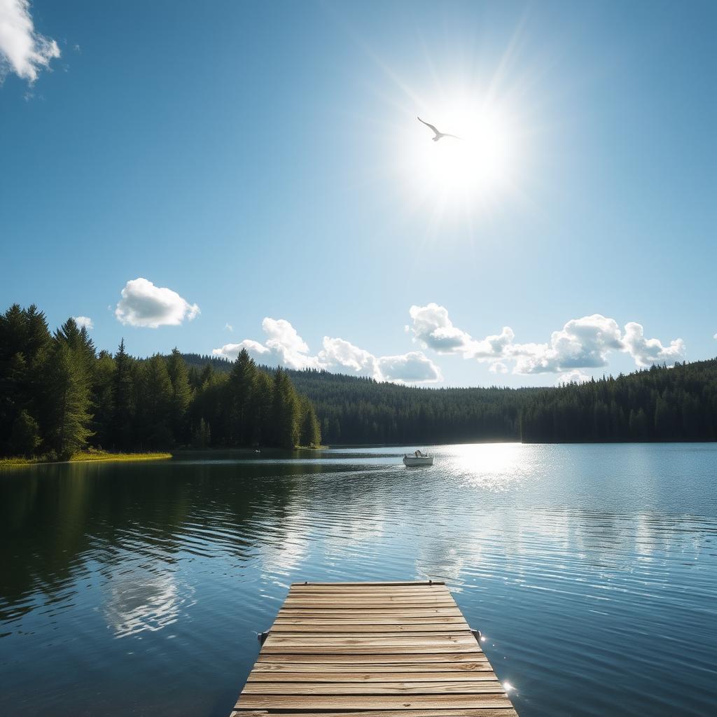 A serene landscape featuring a tranquil lake surrounded by lush evergreen forests under a clear blue sky, with soft fluffy clouds floating overhead