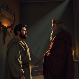 A dramatic and tense scene depicting King Saul in a moment of confrontation after his disobedience