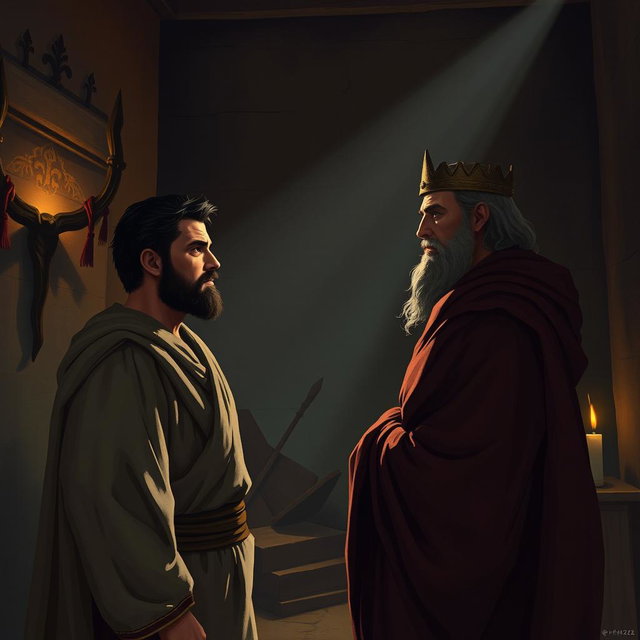 A dramatic and tense scene depicting King Saul in a moment of confrontation after his disobedience