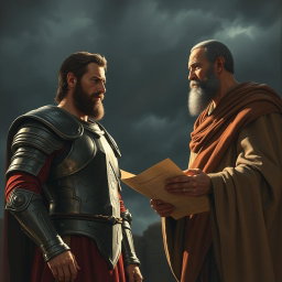A dramatic scene depicting King Saul moments after his disobedience, standing before the prophet Samuel in a tense confrontation