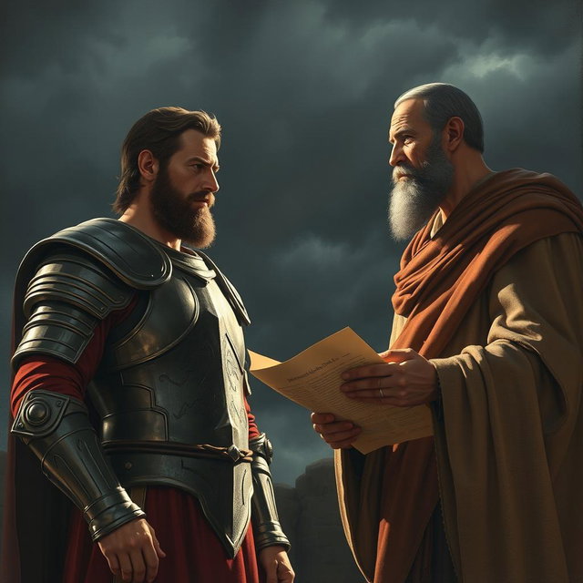 A dramatic scene depicting King Saul moments after his disobedience, standing before the prophet Samuel in a tense confrontation