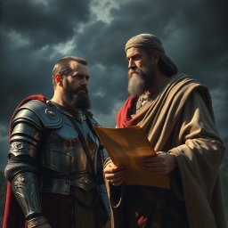 A dramatic scene depicting King Saul moments after his disobedience, standing before the prophet Samuel in a tense confrontation