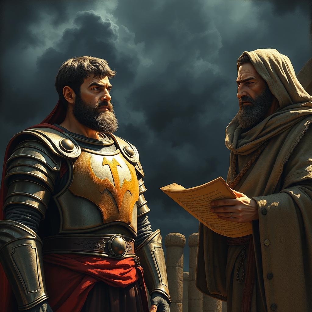 A dramatic scene depicting King Saul moments after his disobedience, standing before the prophet Samuel in a tense confrontation