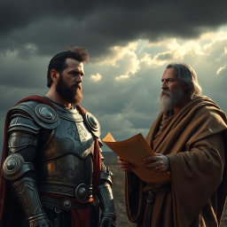 A dramatic scene depicting King Saul moments after his disobedience, standing before the prophet Samuel in a tense confrontation