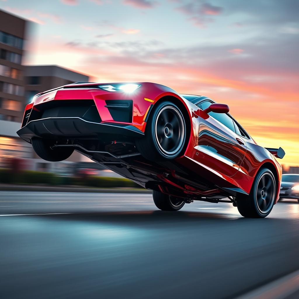A dynamic sports car performing a wheelie on two wheels, showcasing vibrant colors and sleek aerodynamic design