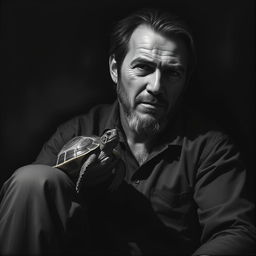 A striking black and white portrait of a man with a rugged, introspective expression, living harmoniously with his little turtle
