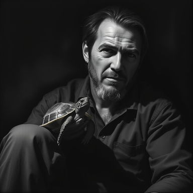 A striking black and white portrait of a man with a rugged, introspective expression, living harmoniously with his little turtle