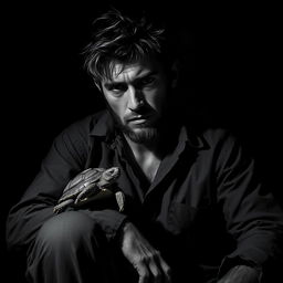 A striking black and white portrait of a man with a rugged, introspective expression, living harmoniously with his little turtle