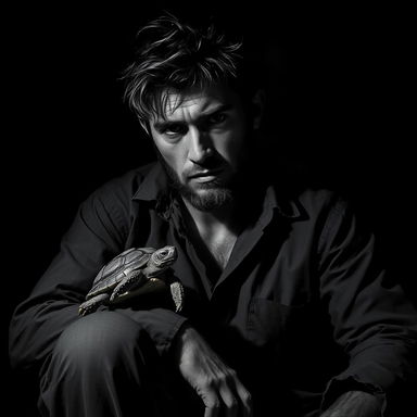 A striking black and white portrait of a man with a rugged, introspective expression, living harmoniously with his little turtle