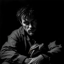 A striking black and white portrait of a man with a rugged, introspective expression, living harmoniously with his little turtle