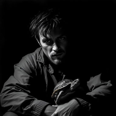A striking black and white portrait of a man with a rugged, introspective expression, living harmoniously with his little turtle