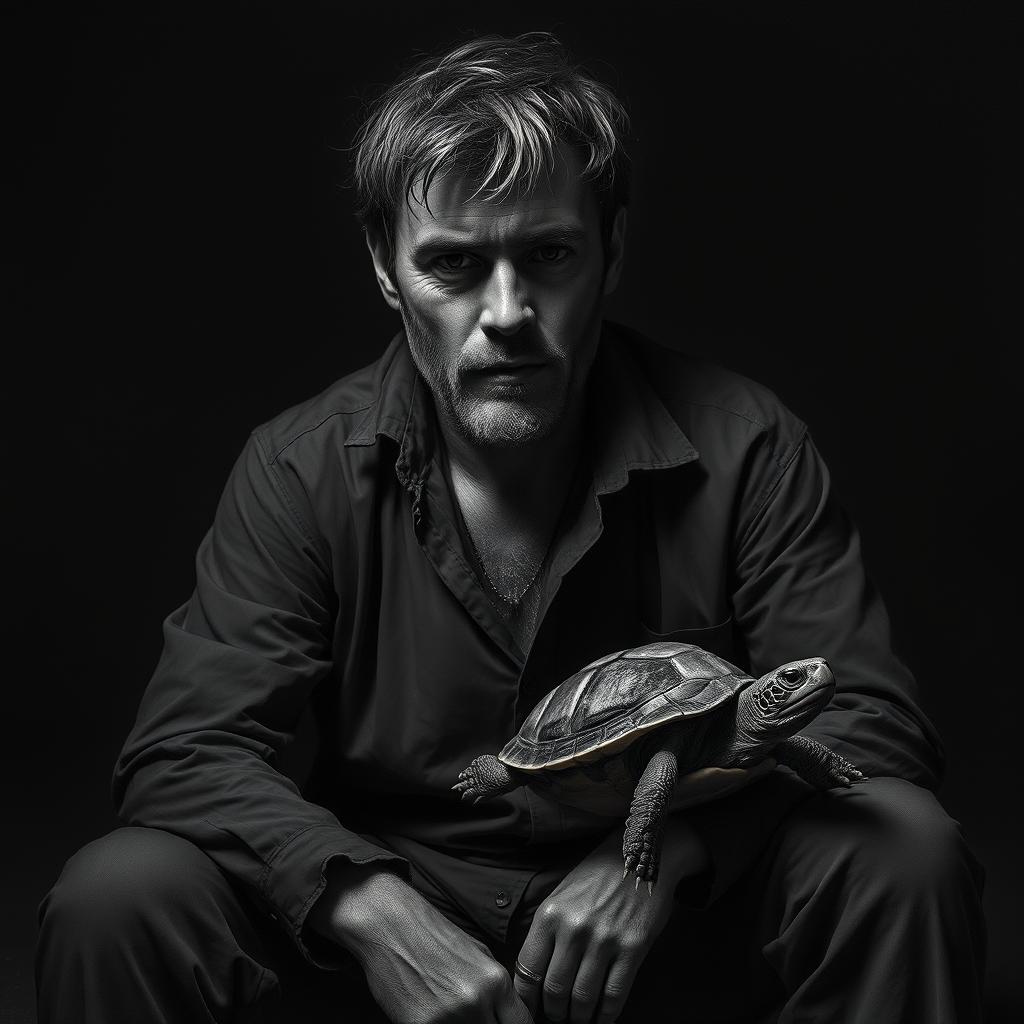 A striking black and white portrait of a man with a rugged, introspective expression, living harmoniously with his little turtle
