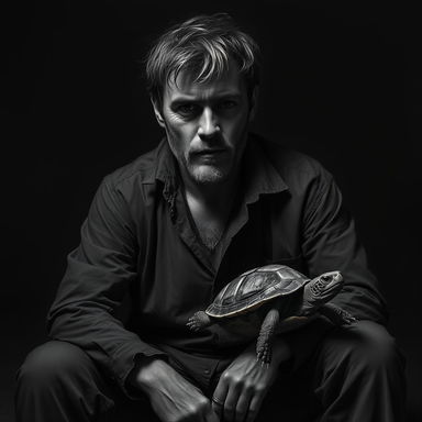 A striking black and white portrait of a man with a rugged, introspective expression, living harmoniously with his little turtle