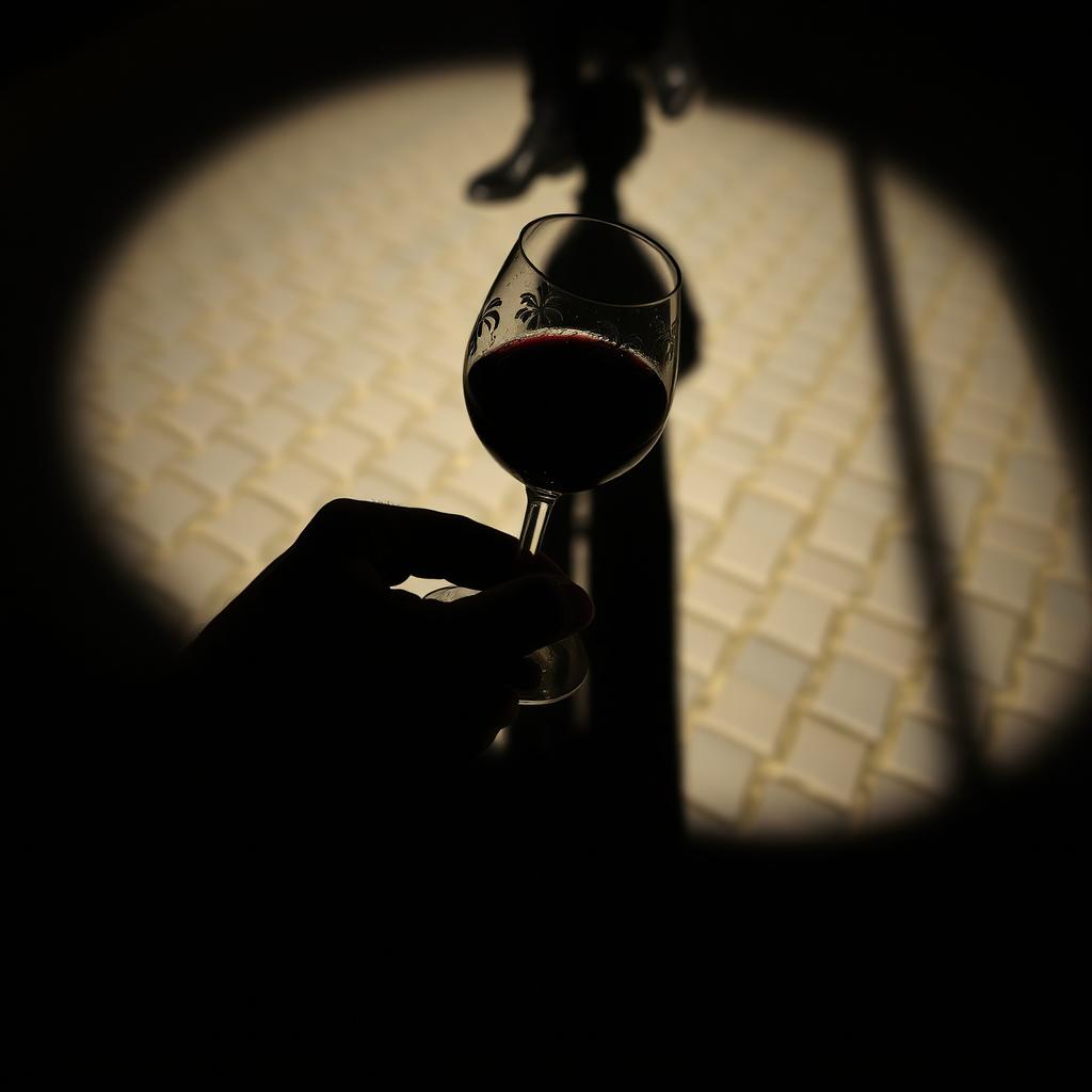 A shadowy image of a drunken man holding a glass of red wine, with the focus on the shadow cast on the ground