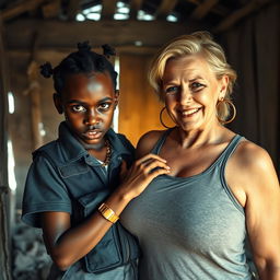 Inside a dilapidated shack, a young African woman, 25 years old with striking dark eyes, presents a fierce and angry expression