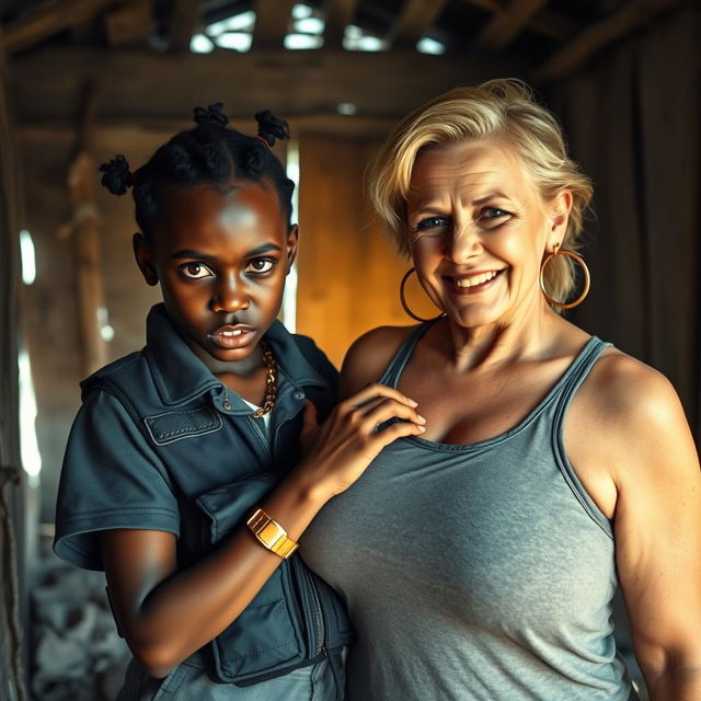 Inside a dilapidated shack, a young African woman, 25 years old with striking dark eyes, presents a fierce and angry expression