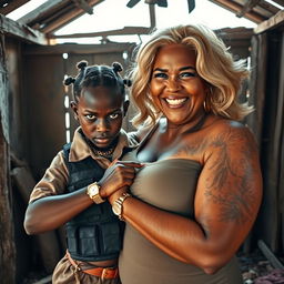Inside a dilapidated shack, a young African woman, 25 years old with striking dark eyes, presents a fierce and angry expression