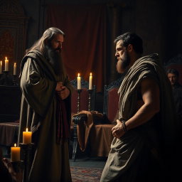 A powerful scene capturing the moment the prophet Samuel confronts King Saul, delivering the harsh revelation that God has rejected him as king