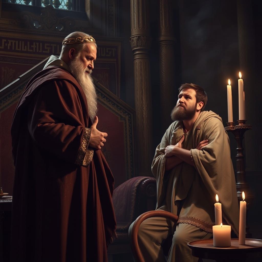 A powerful scene capturing the moment the prophet Samuel confronts King Saul, delivering the harsh revelation that God has rejected him as king