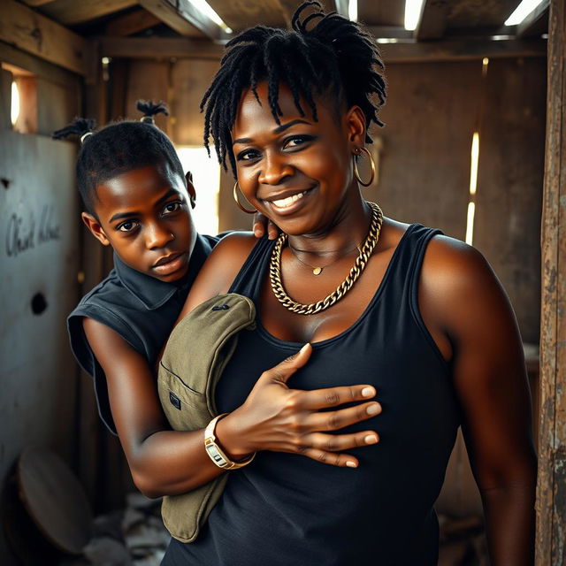 Inside a rundown shack, a young African woman, 25 years old, very short and malnourished, displays a fierce and angry expression