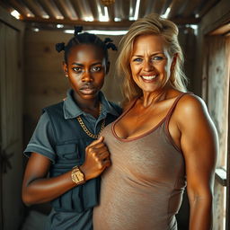 Inside a rundown shack, a young African woman, 25 years old, very short and malnourished, displays a fierce and angry expression