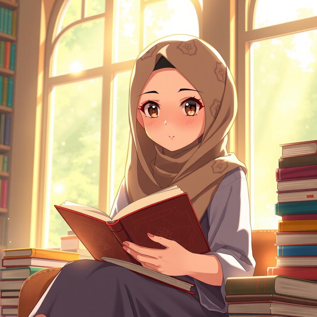 A vibrant anime scene featuring a beautiful Hijabi girl with expressive eyes, sitting comfortably in a cozy, sunlit library