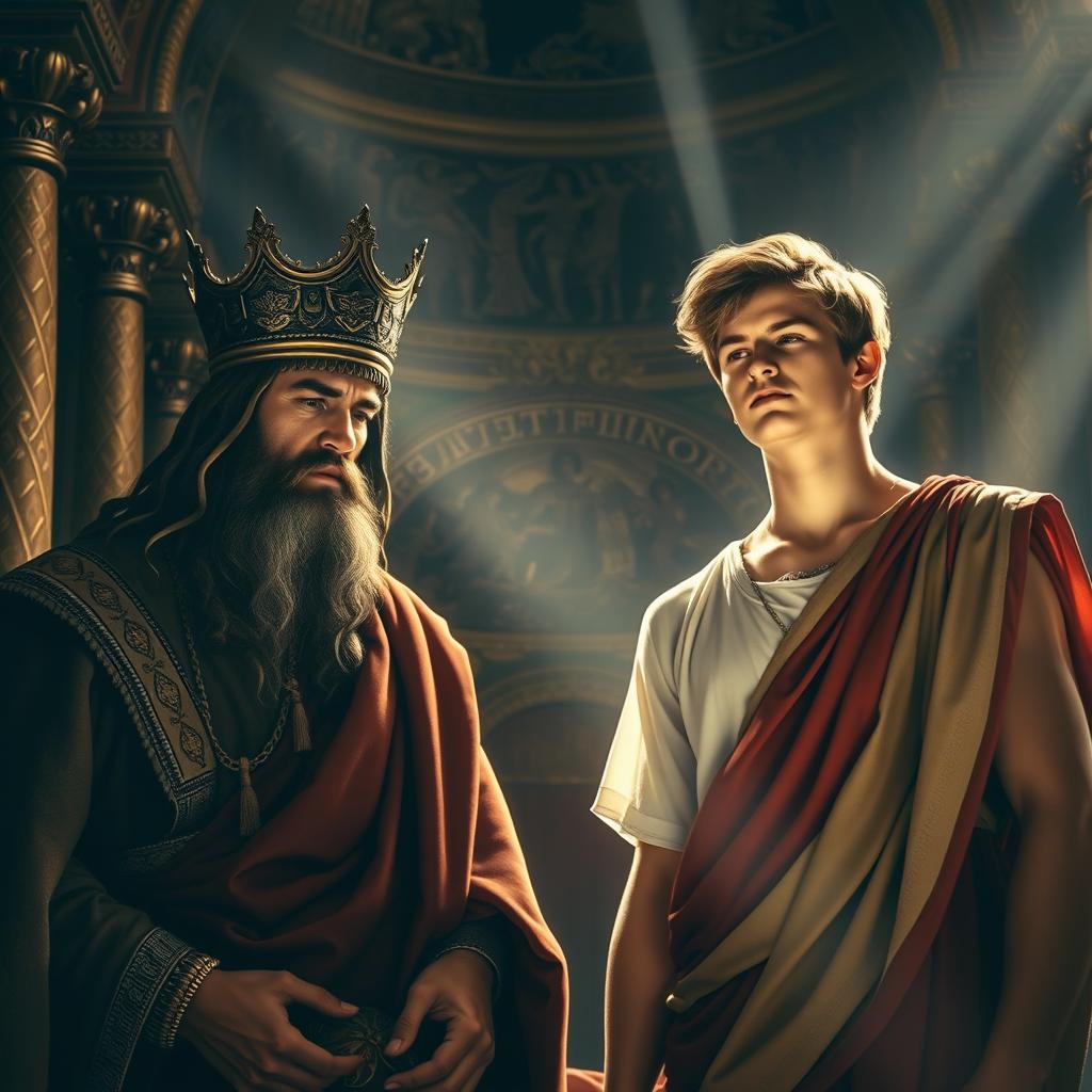 A majestic scene depicting the transfer of power from King Saul to David, symbolizing the divine selection of a new king