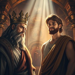 A majestic scene depicting the transfer of power from King Saul to David, symbolizing the divine selection of a new king