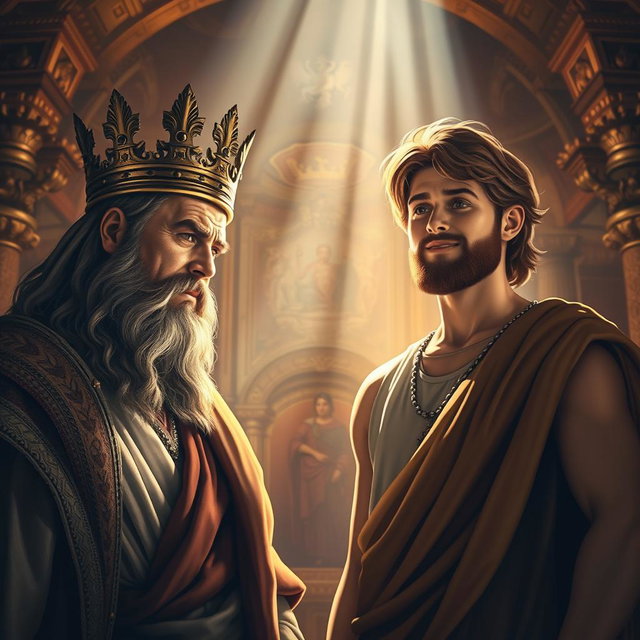 A majestic scene depicting the transfer of power from King Saul to David, symbolizing the divine selection of a new king