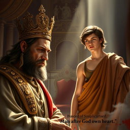 A majestic scene depicting the transfer of power from King Saul to David, symbolizing the divine selection of a new king