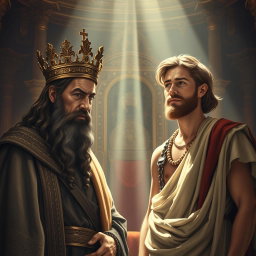 A majestic scene depicting the transfer of power from King Saul to David, symbolizing the divine selection of a new king