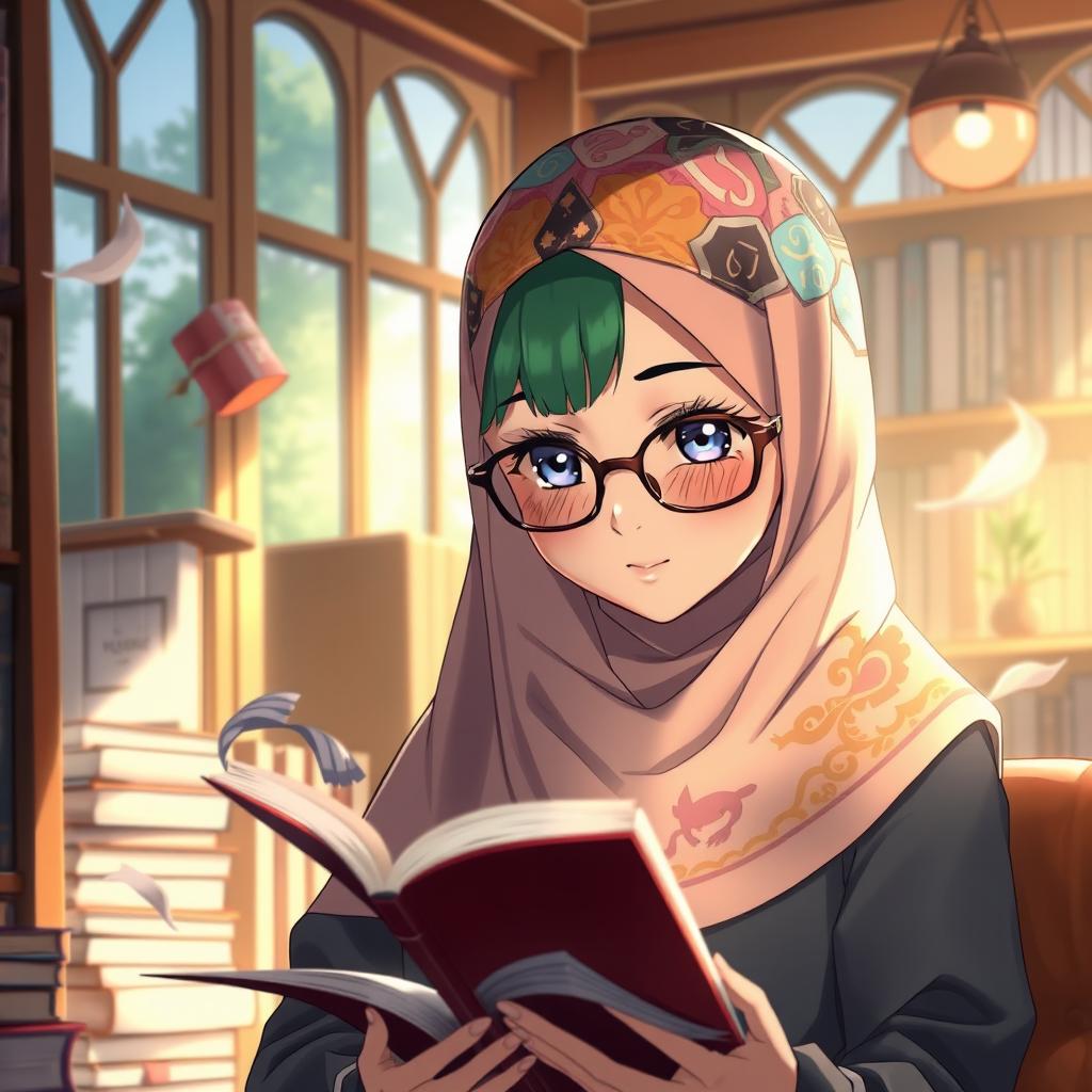 A captivating anime scene showcasing a beautiful Hijabi girl wearing stylish glasses, deeply focused on reading a book