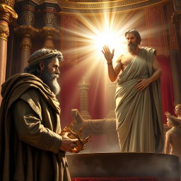 A grand scene depicting the moment of transition of the throne from King Saul to David, symbolizing David as the chosen one, the 'man after God's own heart