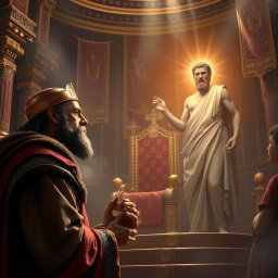 A grand scene depicting the moment of transition of the throne from King Saul to David, symbolizing David as the chosen one, the 'man after God's own heart