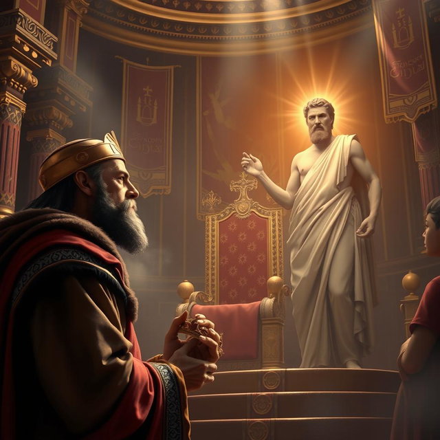 A grand scene depicting the moment of transition of the throne from King Saul to David, symbolizing David as the chosen one, the 'man after God's own heart