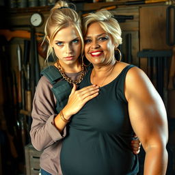 In an old shack filled with various weapons, a young blonde woman, 25 years old with blue eyes, presents a fierce and angry expression