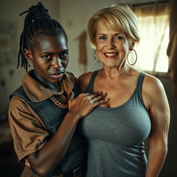 In a poor room, a young African woman, 25 years old, very short and malnourished, displays a fierce and angry expression