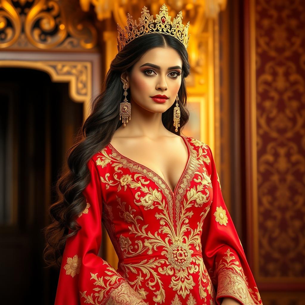 A regal woman with long, wavy dark hair, wearing a luxurious red embroidered gown adorned with intricate gold floral patterns