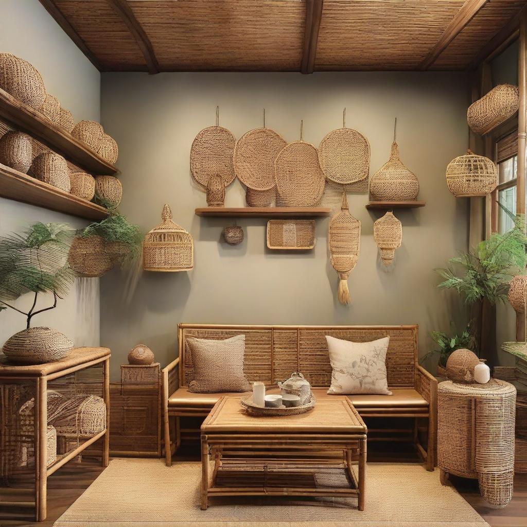 Add a touch of nostalgia to the family gathering scene in the gallery-like store, filled with rattan and bamboo benches. The scene is accentuated by 'Sayang' accessories that add to the warm, familial atmosphere.