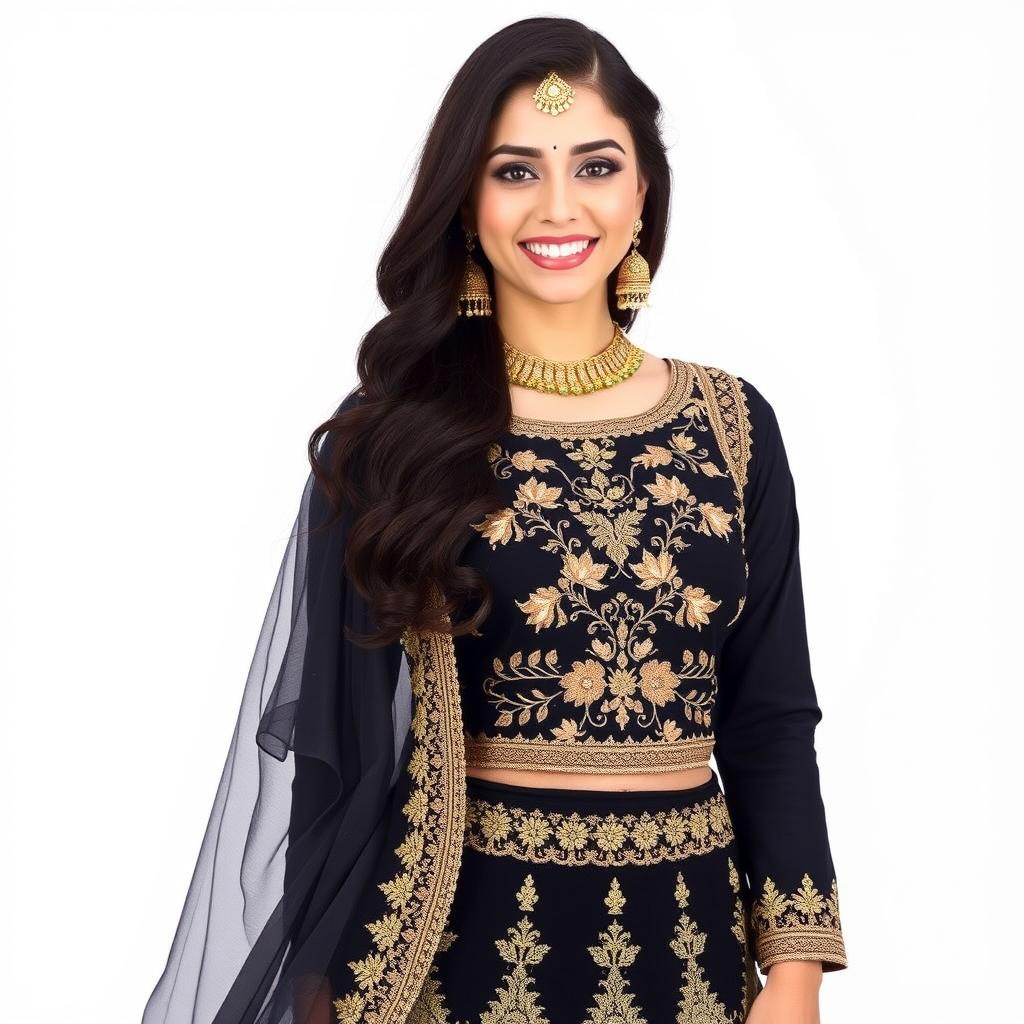 A beautiful woman with long, dark hair and a radiant smile, wearing a stunning black embroidered traditional outfit