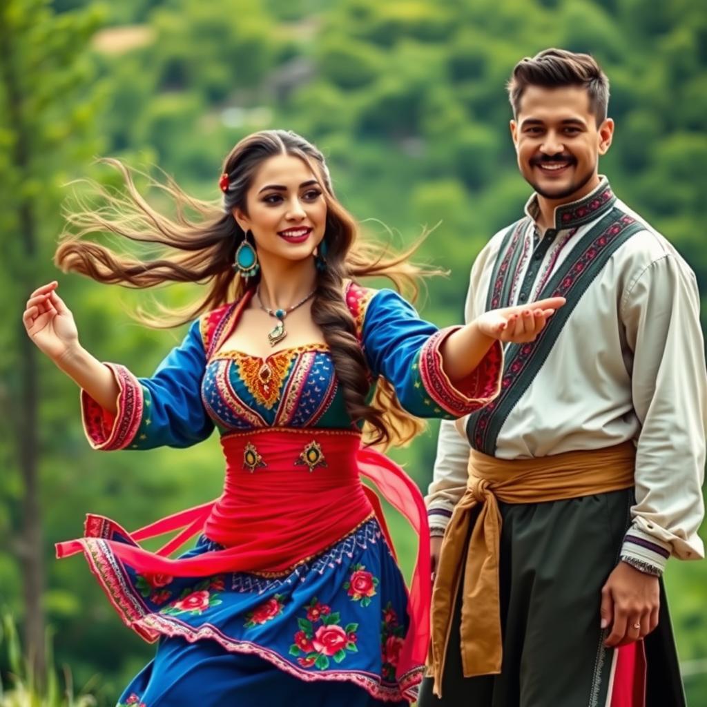 A beautiful Kurdish girl with colorful, attractive features, curvy body, and large bust dancing in traditional Kurdish attire, alongside a handsome man dressed in Kurdish clothing