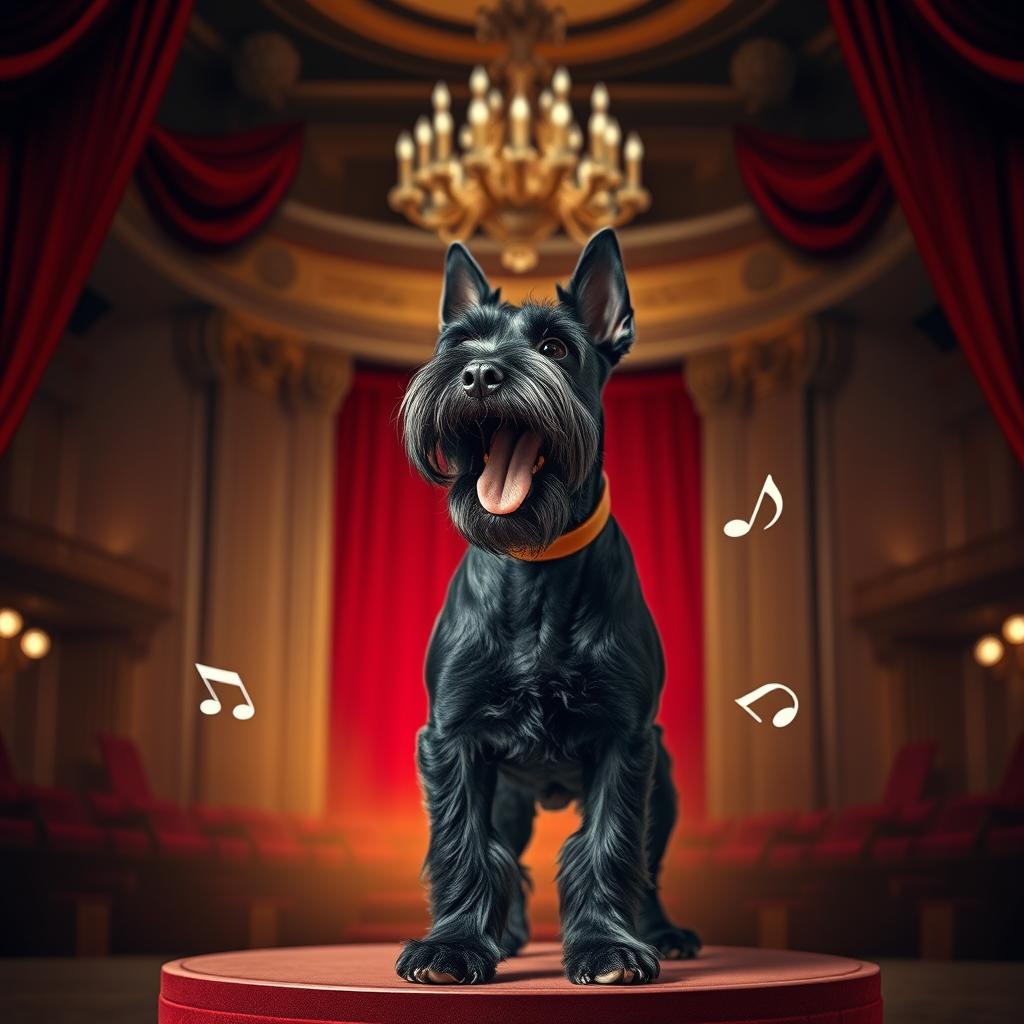 A black Schnauzer singing opera, standing on a small stage with a spotlight highlighting its charming features