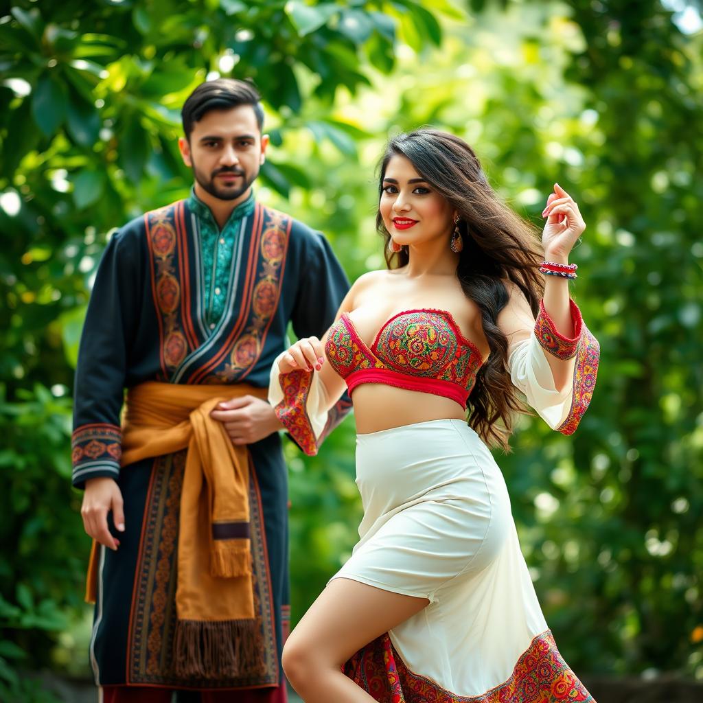 A beautiful Kurdish girl wearing colorful and attractive traditional Kurdish clothing, featuring a low-cut neckline that accentuates her curvy figure