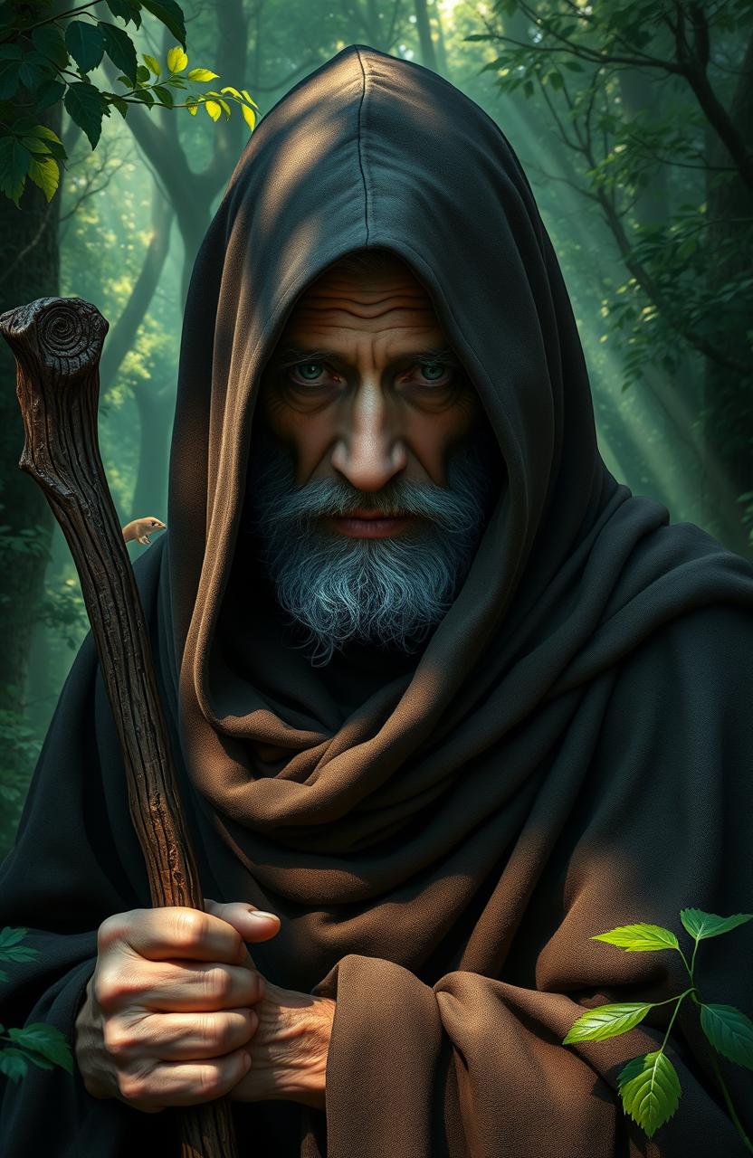 An elderly man wearing a hooded cloak, standing in a mysterious forest