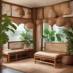 Add a touch of nostalgia to the family gathering scene in the gallery-like store, filled with rattan and bamboo benches. The scene is accentuated by 'Sayang' accessories that add to the warm, familial atmosphere.