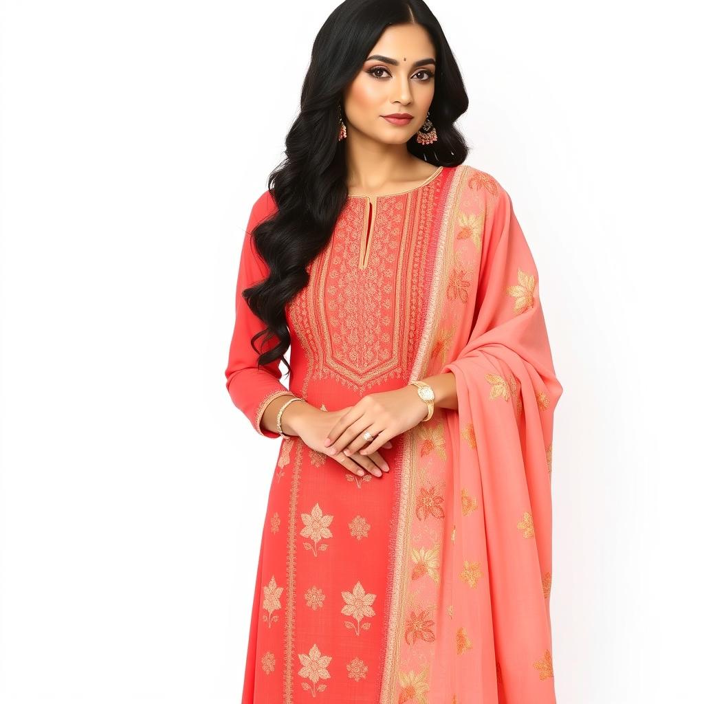 A beautiful woman with long, wavy dark hair, wearing an elegant coral-red embroidered outfit featuring intricate vertical gold embroidery lines and delicate floral patterns in shades of peach and orange