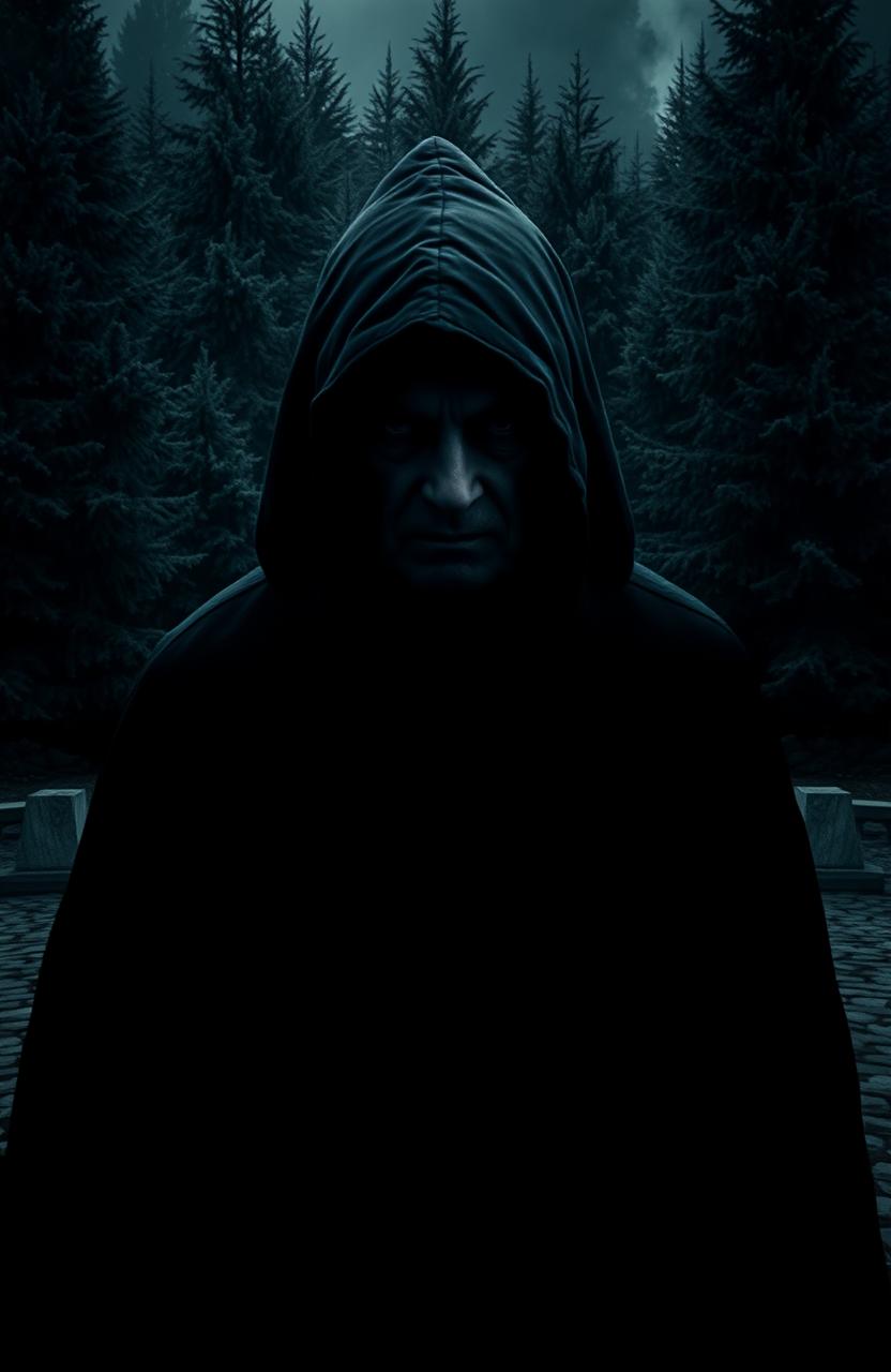 A distant view of an unpleasant old man in a hood, set against a backdrop of cobblestones and a coniferous forest