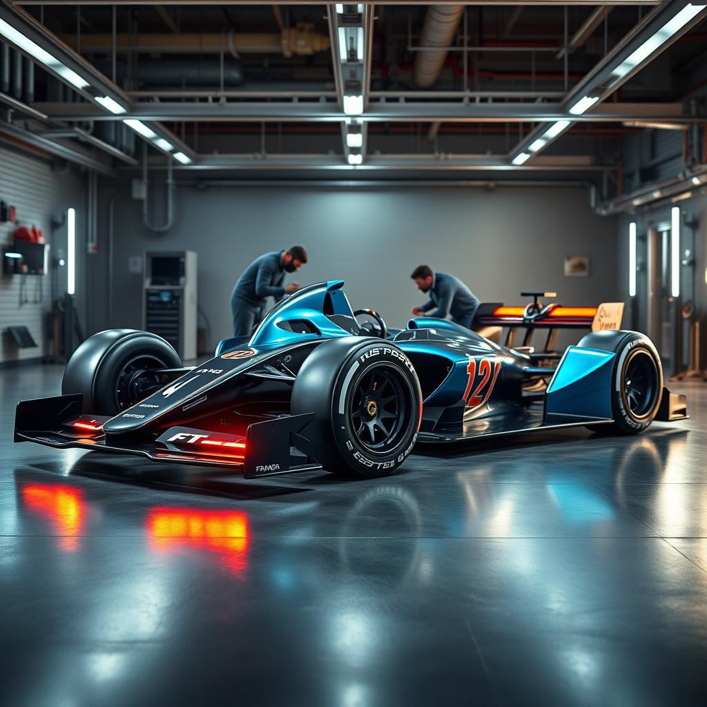 In an illuminated racing garage, a futuristic and realistic Formula 1 car is prepared for the track